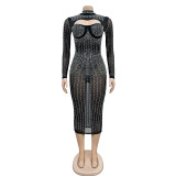 Mesh Perspective Hot Diamond Embedding Diamond Sling Dress
