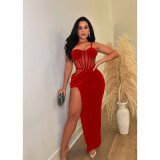 Women's solid color mesh drawstring split long dress