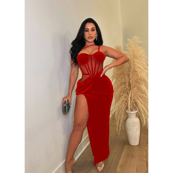 Women's solid color mesh drawstring split long dress