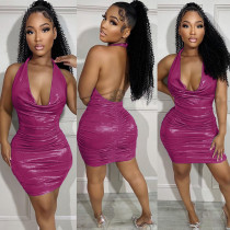 Deep V-pile neck hanging neck, open back, sexy pleated, slim fitting, buttocks wrapped dress