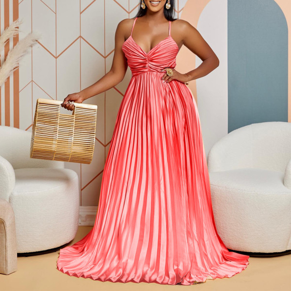Gradient V-Neck Strap Long Dress Sexy Big Swing Prom Evening Dress