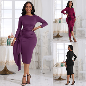 Women's dress with 9/4 sleeve pleated straps