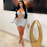 Irregular stitching sexy hollow out long sleeved slim fitting dress