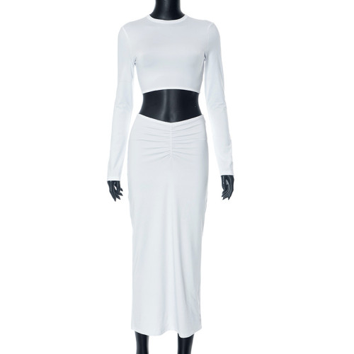 Long sleeved open back fashion high waisted half skirt set