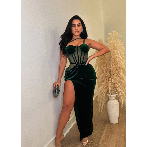 Women's solid color mesh drawstring split long dress