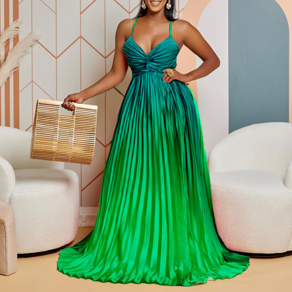 Gradient V-Neck Strap Long Dress Sexy Big Swing Prom Evening Dress