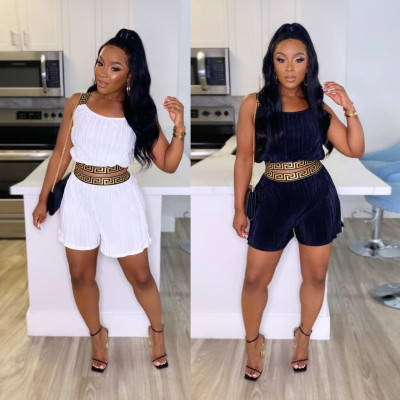 Sexy slim fitting pleated webbing patchwork suspender shorts two-piece set
