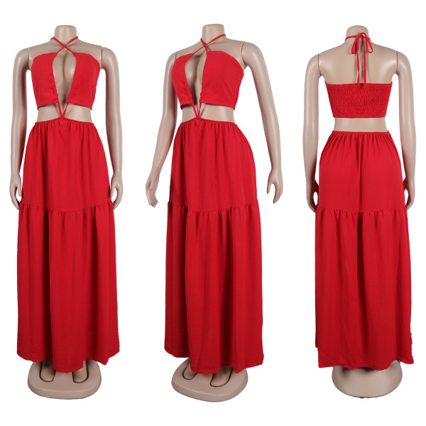 Solid color strapping neck hanging patchwork with cross pull and floor sweeping large skirt hem dress