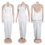 Solid color neck drape wrap buttocks open back dress