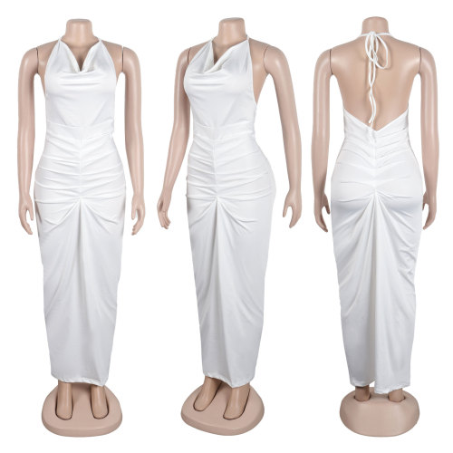 Solid color neck drape wrap buttocks open back dress