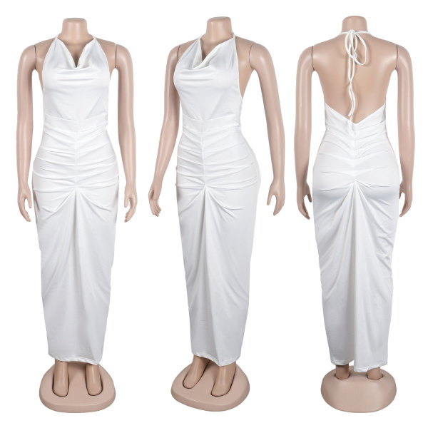Solid color neck drape wrap buttocks open back dress