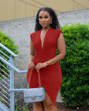 V-neck low cut pleated sleeveless irregular dress