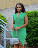 V-neck low cut pleated sleeveless irregular dress
