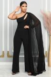 Asymmetric One Shoulder Hollow Out Flying Sleeve Wrap Hip Elastic Jumpsuit
