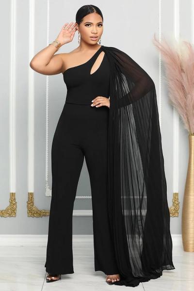 Asymmetric One Shoulder Hollow Out Flying Sleeve Wrap Hip Elastic Jumpsuit