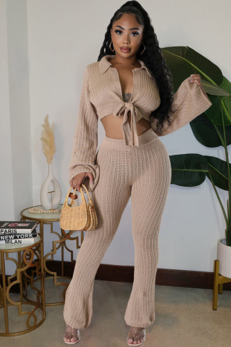 Women's sexy solid color mesh wool knitted lace up two-piece set