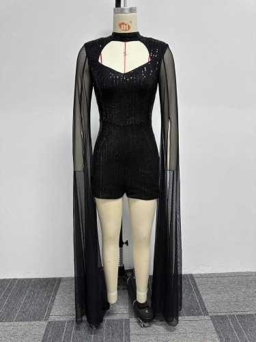 Sexy sequin hollowed out buttocks tight fly sleeved perspective stretch jumpsuit