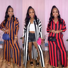 Striped printed button casual long coat