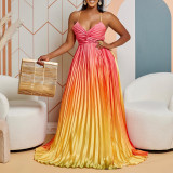 Gradient V-Neck Strap Long Dress Sexy Big Swing Prom Evening Dress