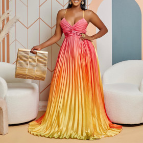 Gradient V-Neck Strap Long Dress Sexy Big Swing Prom Evening Dress
