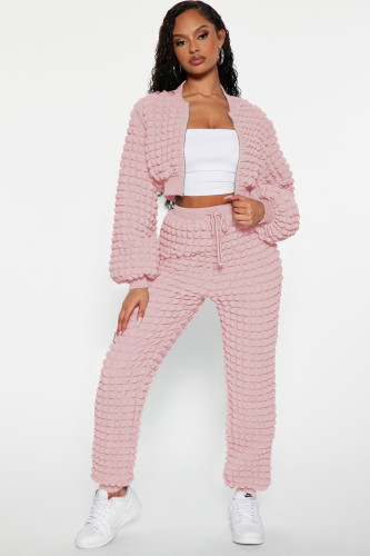 Fashion Casual Solid Popcorn Two Piece Set