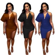 Open Back V-Neck Single Sleeve Split Women's Dress