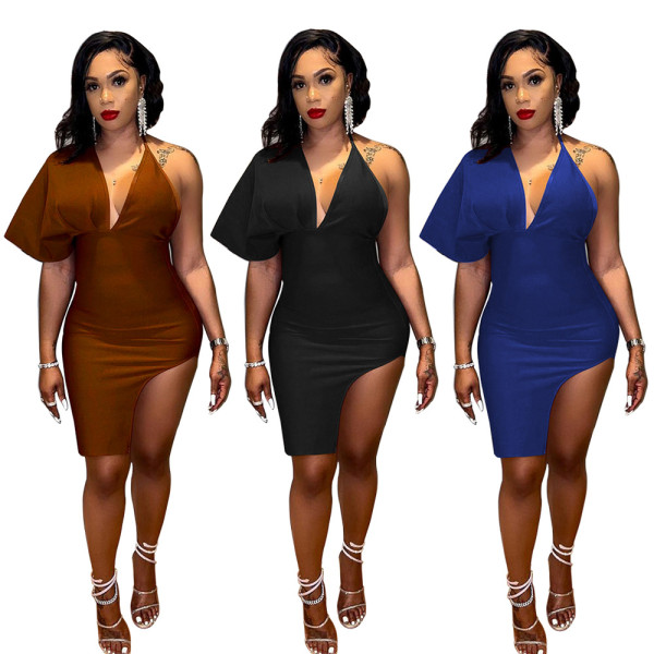Open Back V-Neck Single Sleeve Split Women's Dress