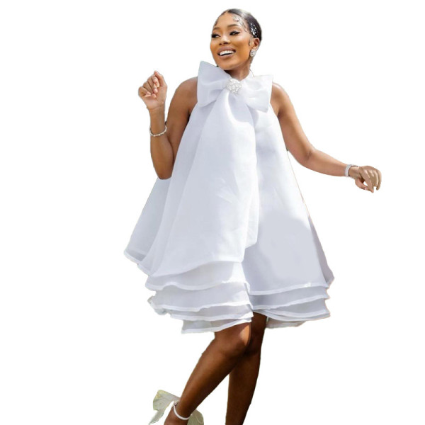 Women's solid color ruffled cake skirt vest hanging neck dress