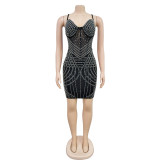 Women's solid color mesh hot diamond strap short skirt dress