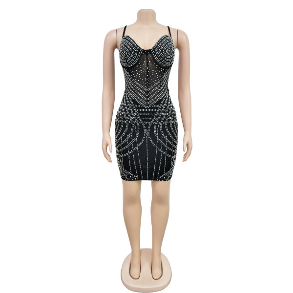 Women's solid color mesh hot diamond strap short skirt dress