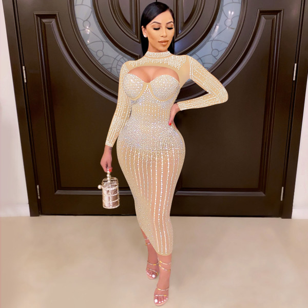 Mesh Perspective Hot Diamond Embedding Diamond Sling Dress