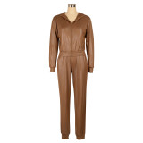 Women's suit with a hooded two-piece casual sportswear faux leather jacket
