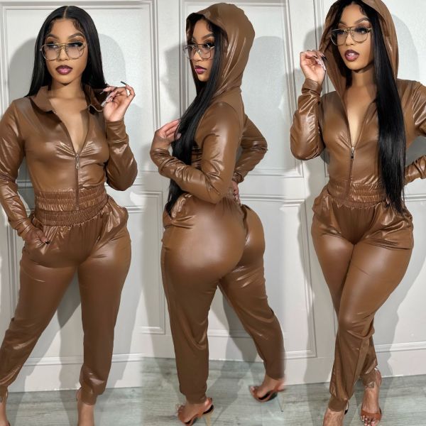 Women's suit with a hooded two-piece casual sportswear faux leather jacket