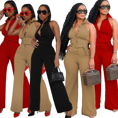 Sleeveless open back waistband elastic jumpsuit