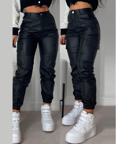 Women's motorcycle zipper pleated pocket PU patch pocket tight leggings