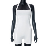 Hanging neck sleeveless large open back slim fitting short jumpsuit