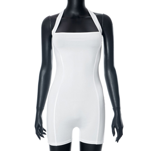 Hanging neck sleeveless large open back slim fitting short jumpsuit