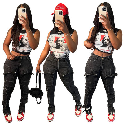 Multi bag pants casual stretch jeans