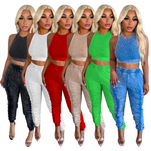 Women's sleeveless solid color sports set casual two-piece set