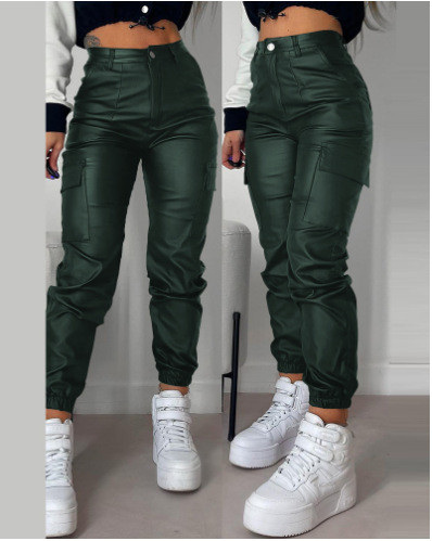 Women's motorcycle zipper pleated pocket PU patch pocket tight leggings