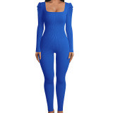 Square neck bubble sleeved long sleeved sexy slim fitting jumpsuit