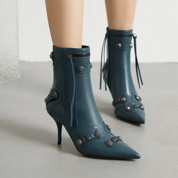 Pointed thin heeled high heeled women's boots with metal buckle high barrel tassel boots short style