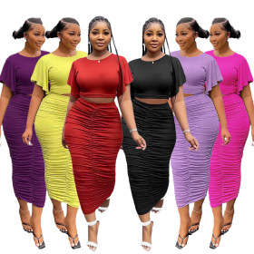 Two piece ruffled short sleeved pleated hip wrap skirt set