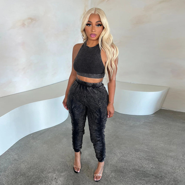 Women's sleeveless solid color sports set casual two-piece set