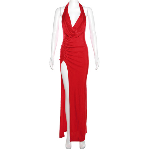 Sexy Deep V-neck Open Back Style Split Wrap Hip Dress