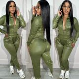 Women's suit with a hooded two-piece casual sportswear faux leather jacket