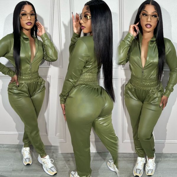 Women's suit with a hooded two-piece casual sportswear faux leather jacket
