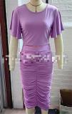Two piece ruffled short sleeved pleated hip wrap skirt set