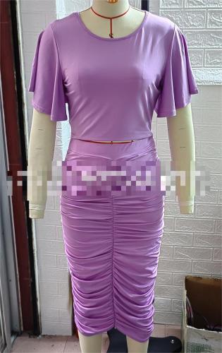 Two piece ruffled short sleeved pleated hip wrap skirt set