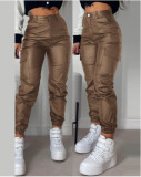 Women's motorcycle zipper pleated pocket PU patch pocket tight leggings